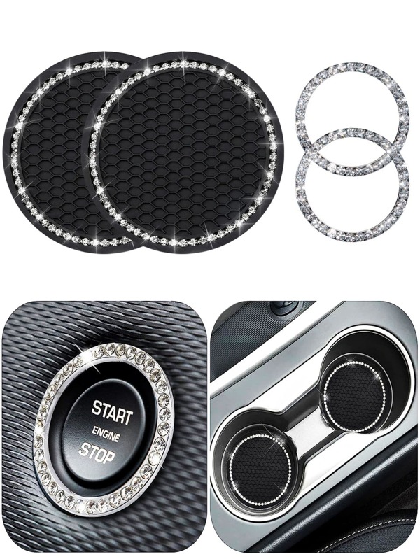 1pair Car Cup Pad & 2pcs Engine Start Stop Button Ring & 2pcs  Decoration Ring