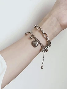 1入時尚雙層合金心形吊墜手鍊,18cm,適穿於女士日常