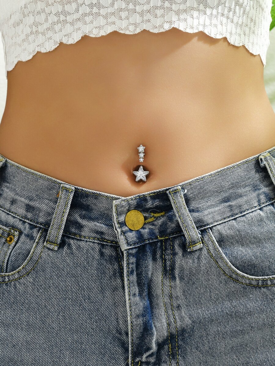 迷人的鑽石裝飾星形肚臍環,適合女士日常穿著和派對身體飾品 - 銀色 - 查看 1
