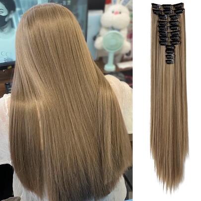 24 Inch 12pcs Clip-In Hair Extensions, Long Straight Synthetic Hair Extensions, Suitable For Women And Girls Daily Use