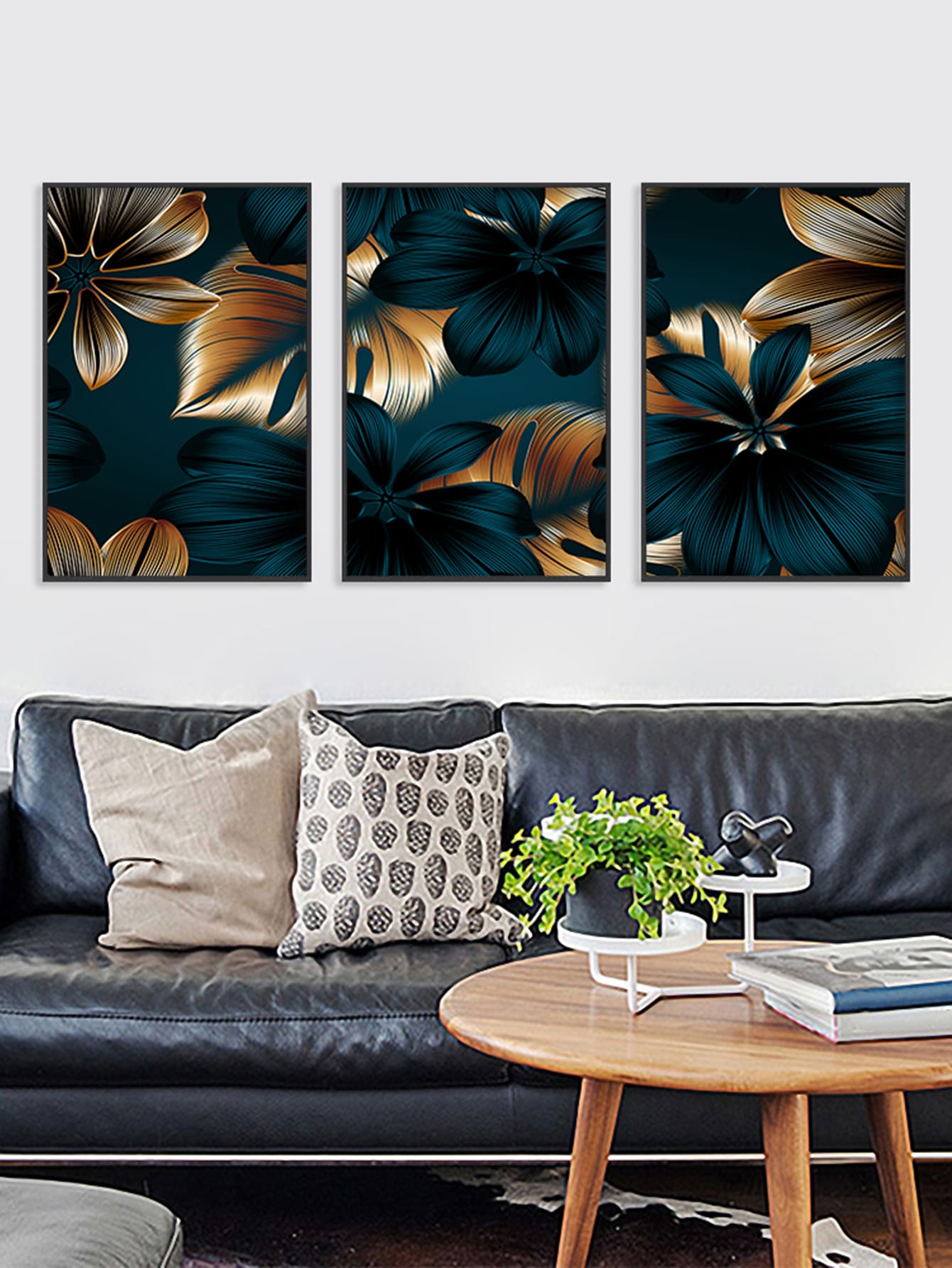 3入組黑金色植物葉子印花葉子靈感裝飾性畫作壁畫現代畫布壁藝術裝飾北歐葉子畫,抽象黑金色畫布海報家居客廳臥室裝飾3種大小無框 - 金色 - 查看 1