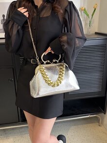 Solid Color Pu Envelope Clutch Bag With Rhinestone Decoration & Chain Strap For Women - Silver - View 3