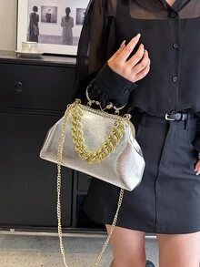 Solid Color Pu Envelope Clutch Bag With Rhinestone Decoration & Chain Strap For Women - Silver - View 2