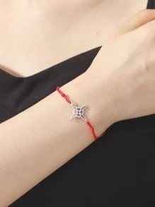 1pc Women's Stainless Steel Little Ball Pendant Red Cord Adjustable Bracelet, Unisex Couple Gift - White - View 4