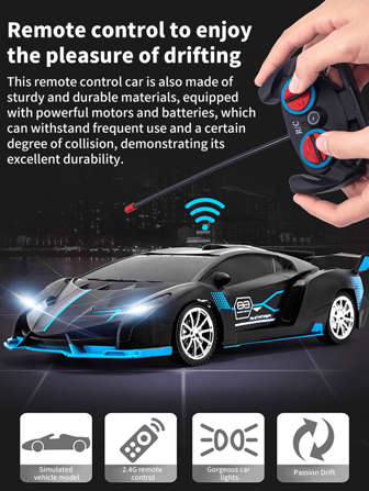 1 Set de auto de carreras eléctrico con control remoto con batería, en color azul y negro, para regalo (Baterías no incluidas), Auto a control remoto