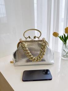 Solid Color Pu Envelope Clutch Bag With Rhinestone Decoration & Chain Strap For Women - Silver - View 6