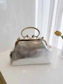 Solid Color Pu Envelope Clutch Bag With Rhinestone Decoration & Chain Strap For Women - Silver - View 5