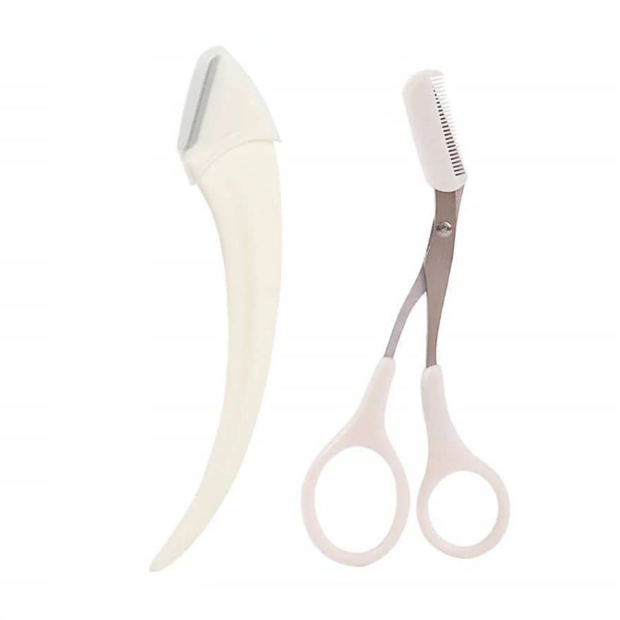 White 2 pcs-Eyebrow Trimming Knife Eyebrow Face Razor For Women Professional Eyebrow Scissors With Comb Brow Trimmer Scraper Accessories - Beige - View 1