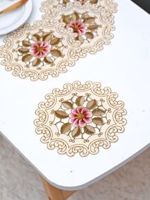 4pcs/set Begonia Flower Placemats, European Simple Style Round Polyester Fabric In Beige With Multicolor Embroidery And Hollow Out Design - Khaki - View 2