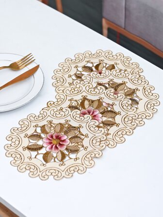 4pcs/set Begonia Flower Placemats, European Simple Style Round Polyester Fabric In Beige With Multicolor Embroidery And Hollow Out Design