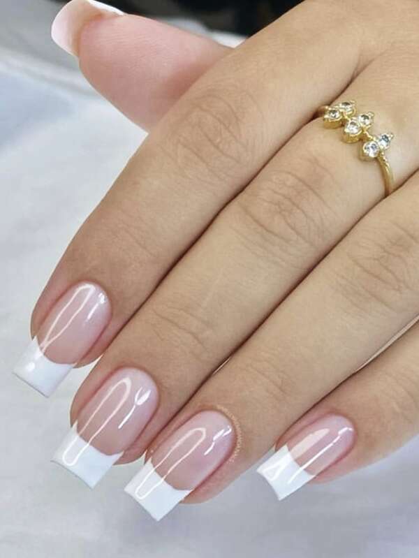 24pcs Long Square French Tip False Nails With 1pc Jelly Gel And 1pc Nail File Press On Nails Nail Supplies