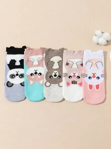 5 Pares/set Lindos Calcetines Cómodos Con Patrones De Conejo Y Panda Para Niñas Con Cuello Redondo, Perfectos Para La Ropa Escolar - Multicolor - Ver 2