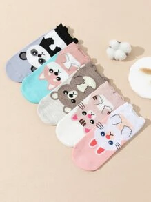 5 Pares/set Lindos Calcetines Cómodos Con Patrones De Conejo Y Panda Para Niñas Con Cuello Redondo, Perfectos Para La Ropa Escolar - Multicolor - Ver 1