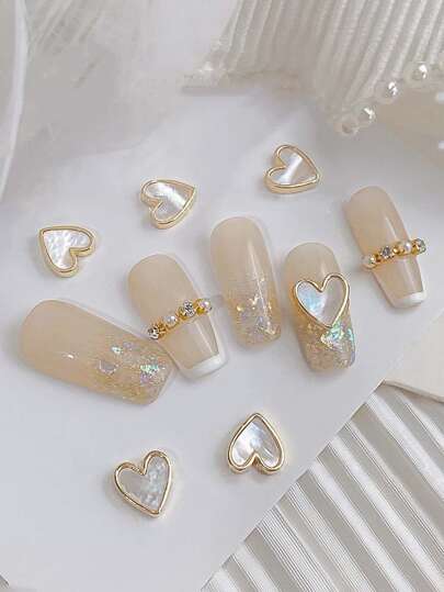 10Pcs/Pack Gold Tone Metallic Texture Heart & Faux Pearl Decor Nail Art Accessories Diy Nail Charms Nail Gems Nail Supplies Nails
