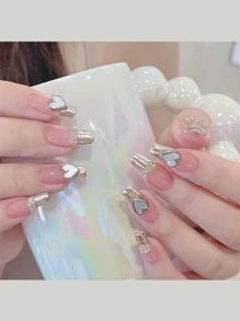 10 件/包银色仿珍珠心形美甲装饰带金属纹理边缘和合金水钻心形美甲钉 DIY 美甲饰品美甲宝石美甲用品 - 銀色 - 查看 3