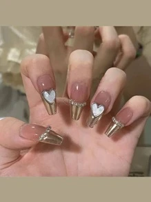 10 件/包银色仿珍珠心形美甲装饰带金属纹理边缘和合金水钻心形美甲钉 DIY 美甲饰品美甲宝石美甲用品 - 銀色 - 查看 4