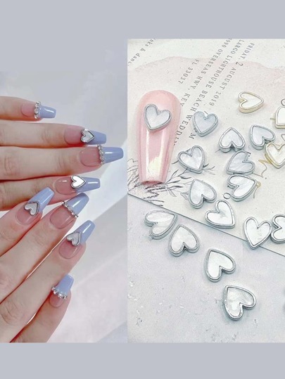 10Pcs/Pack Silver-Color Faux Pearl Heart Shape Nail Art Decoration With Metal Texture Edge And Alloy Rhinestone Heart Nail Studs Diy Nail Charms Nail Gems Nail Supplies Nails