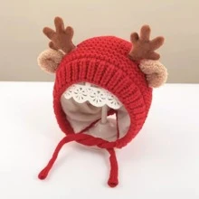 1頂兒童鹿角聖誕鹿形針織帽,保暖可愛卡通帽,適用於冬季日常使用 - 紅色 - 查看 1