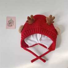 1頂兒童鹿角聖誕鹿形針織帽,保暖可愛卡通帽,適用於冬季日常使用 - 紅色 - 查看 2