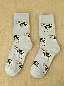 Cow Pattern Crew Socks, Fall Socks - Multicolor - View 1