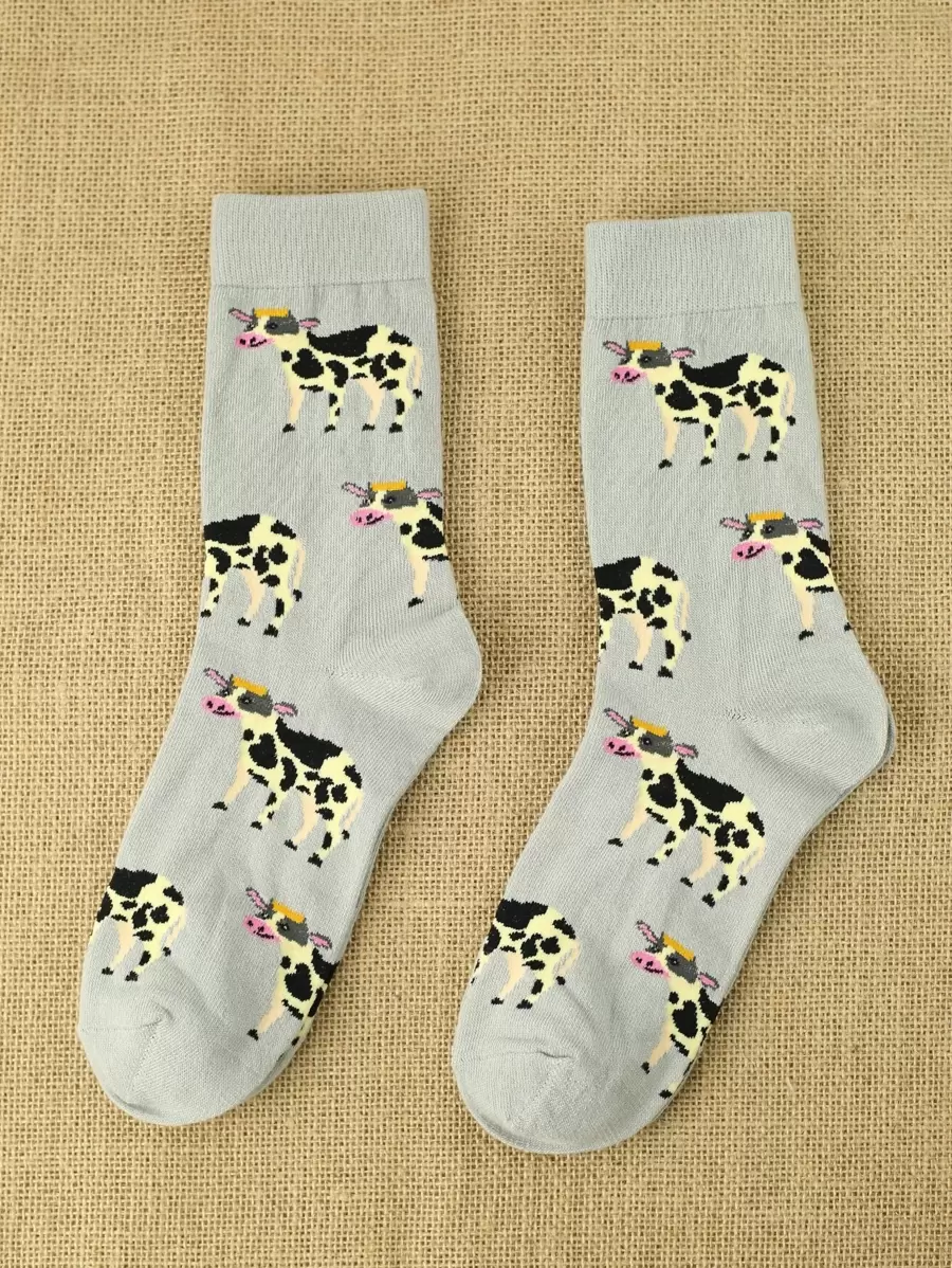 Cow Pattern Crew Socks, Fall Socks - Multicolor - View 1
