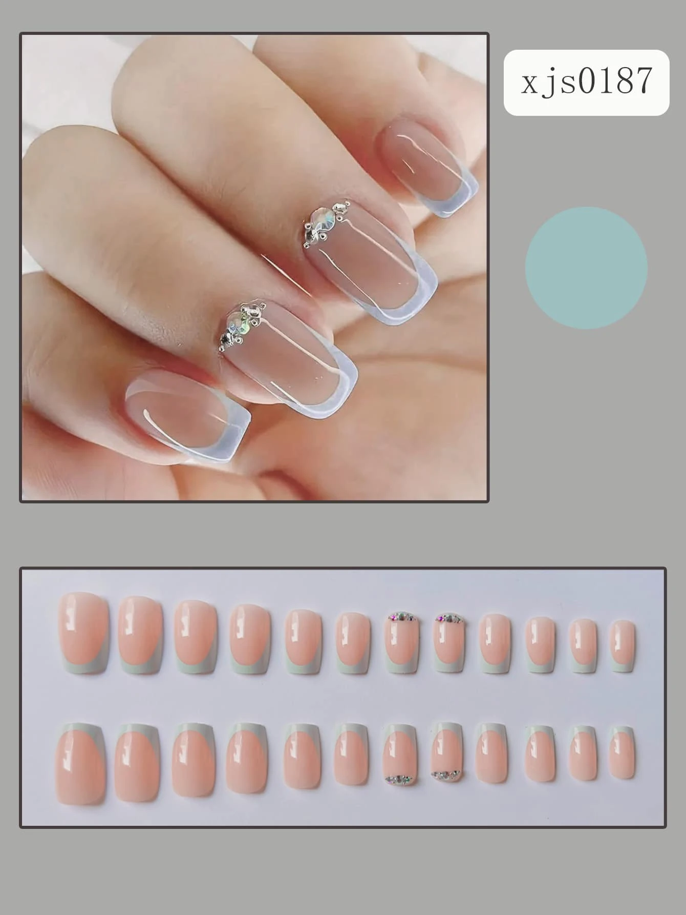 24入組中等大小的矩形淺藍色法式美甲,配有平面彩色鑽石,完全覆蓋假指甲,讓您的造型立即升級,適合女性和女孩 - 彩色 - 查看 1