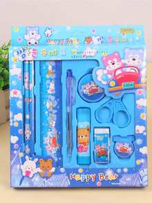 9入組卡通圖案文具禮盒套裝,可愛多用途尺和橡皮和鉛筆套裝適用於學校學生 - 藍色 - 查看 9