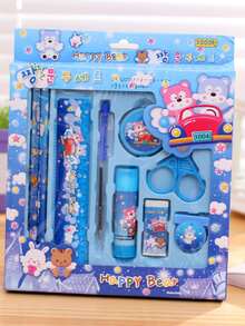 9入組卡通圖案文具禮盒套裝,可愛多用途尺和橡皮和鉛筆套裝適用於學校學生 - 藍色 - 查看 6