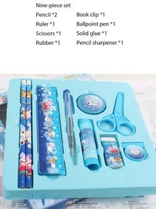 9入組卡通圖案文具禮盒套裝,可愛多用途尺和橡皮和鉛筆套裝適用於學校學生 - 藍色 - 查看 2