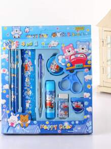 9入組卡通圖案文具禮盒套裝,可愛多用途尺和橡皮和鉛筆套裝適用於學校學生 - 藍色 - 查看 1