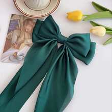 Dark Green Satin Ribbon Bow Hair Clip With Spring - Olive Green - View 2