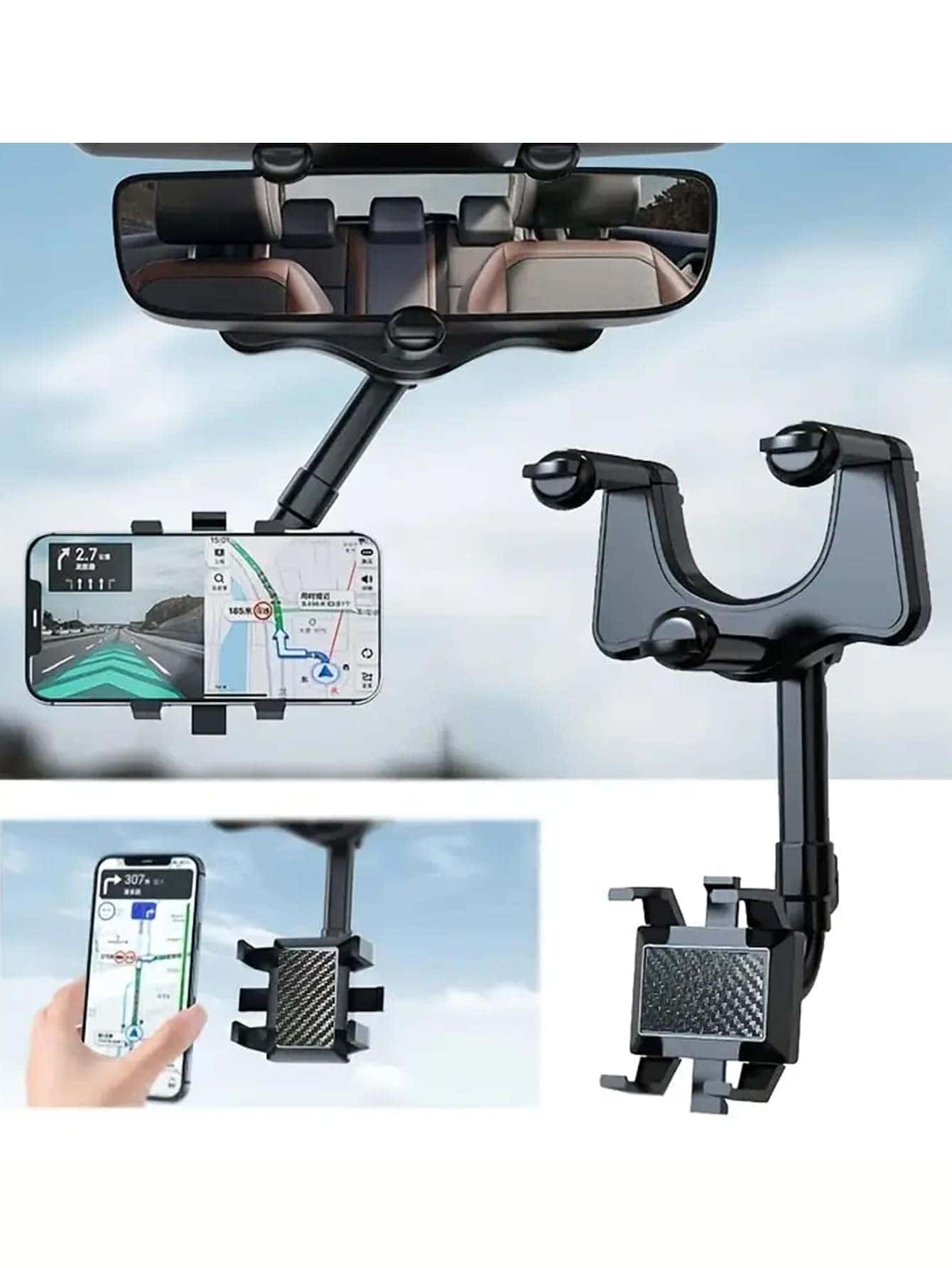 1pc New Universal Rotatable And Retractable Car Phone Holder, 360° Multifunctional Rearview Mirror Car Mount Bracket - Black - View 1