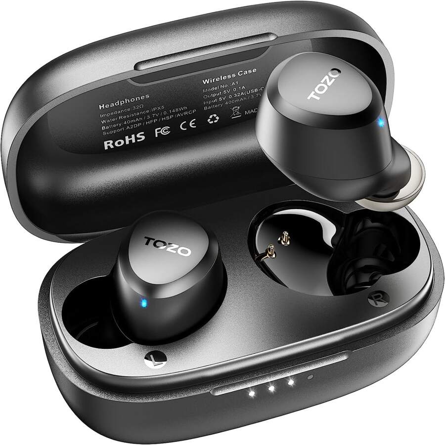 TOZO A1 Mini Wireless Earbuds Bluetooth 5.3 In Ear Light-Weight Headphones Built-In Microphone, IPX5 Waterproof, Immersive Premium Sound Long Distance Connection Headset With Charging Case, Black - 黑色 - 查看 1