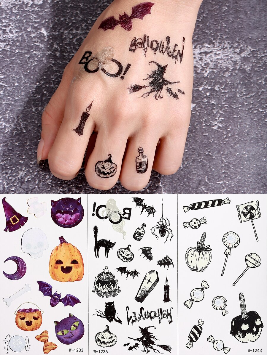 Beauty Sticker 3 piezas/set Etiquetas engomadas del tatuaje Halloween temático temporario luminoso - Multicolor - Ver 1