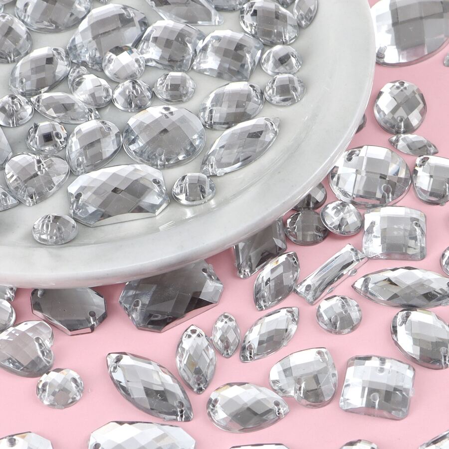 1pack Mixed Size 100pcs White Acrylic Sew-on Rhinestones For Clothing, Shoes, Bags, Diy Crafts