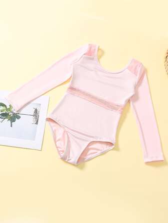 Young Girls' Mesh Splice Long Sleeve Dance Practice Outfit For Kids