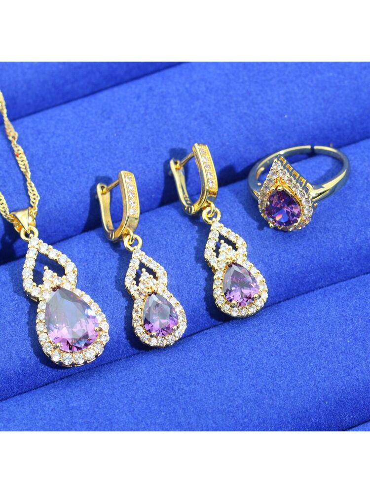 4pcs Deluxe Gold-toned Zirconia Women's Jewelry Set With Earrings, Ring, Necklace And Pendant For Wedding, Gift