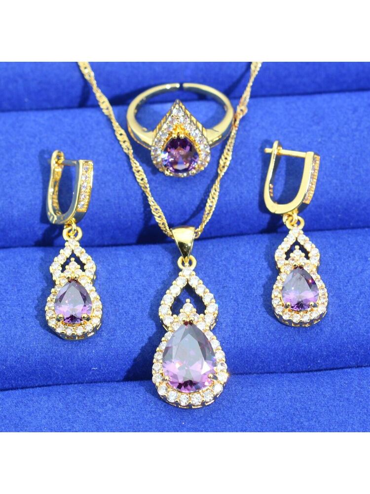 4pcs Deluxe Gold-toned Zirconia Women's Jewelry Set With Earrings, Ring, Necklace And Pendant For Wedding, Gift