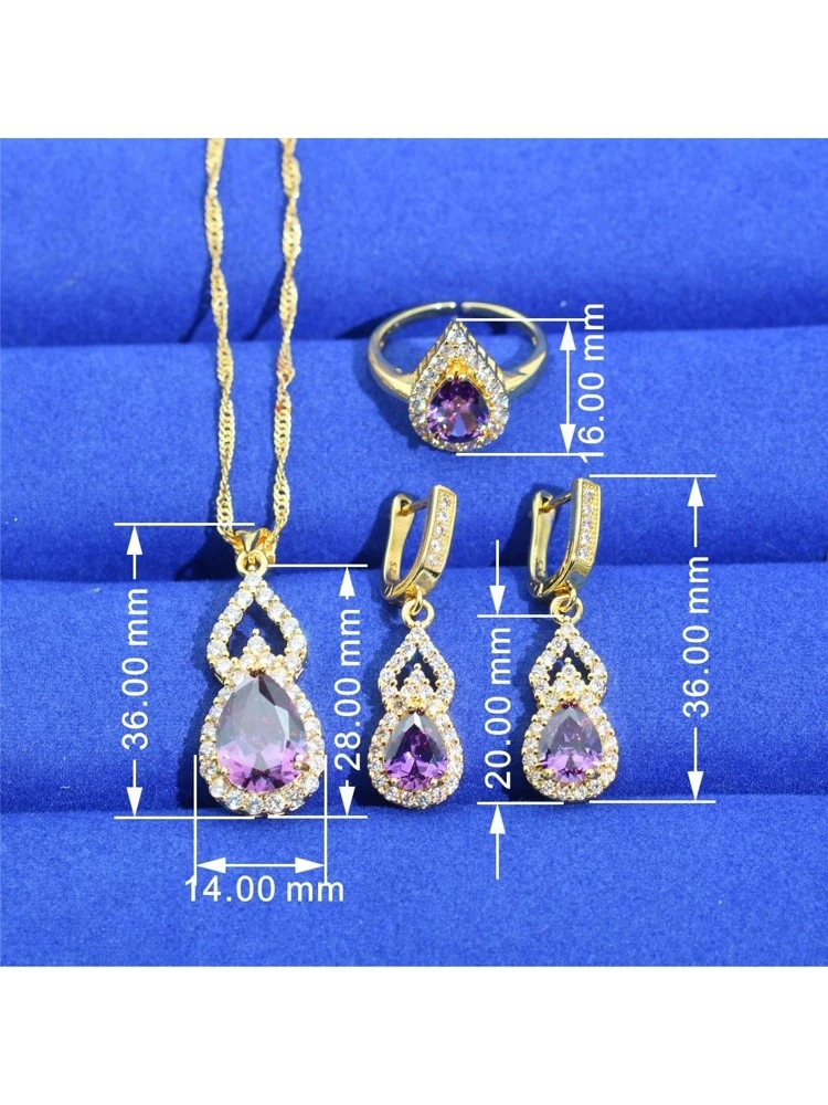4pcs Deluxe Gold-toned Zirconia Women's Jewelry Set With Earrings, Ring, Necklace And Pendant For Wedding, Gift