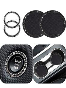 1pair Car Cup Holder Mats And 2pcs Engine Start/stop Key Ring - Black - View 2