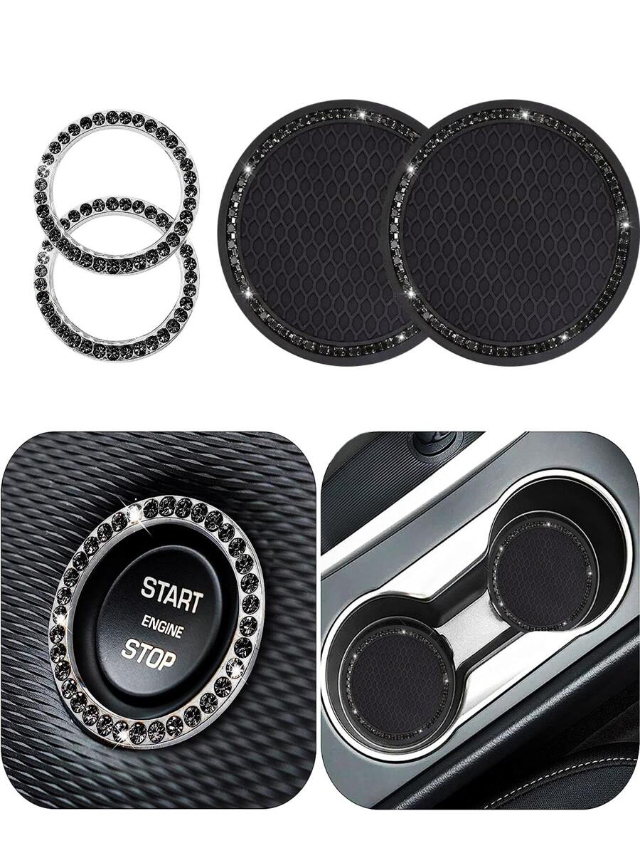 1 par de alfombrillas para portavasos de coche y 2 piezas De llavero de arranque/parada del motor - Negro - Ver 1