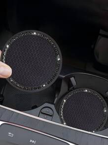 1pair Car Cup Holder Mats And 2pcs Engine Start/stop Key Ring - Black - View 3