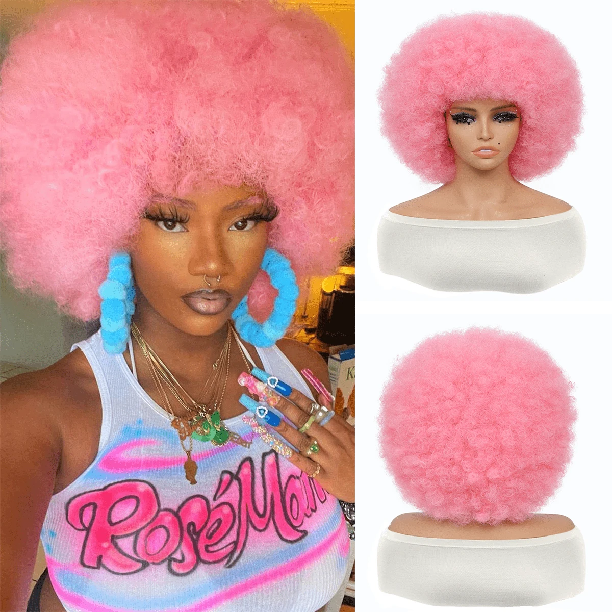 10 Inches Pink Vintage Style Curly Hair Wigs With Big Cap, Soft And Natural, Suitable For Party, Cosplay And Daily Wear