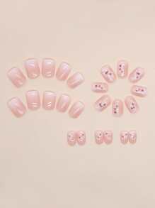 24pcs/Set Short Square Shaped Minimalist Style Nail Tips With Printing, Including 1pc Nail File And 1pc Jelly Glue Press On Nails Nail Supplies - Multicolor - View 3