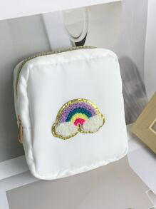 雪尼尔牛津布刺绣彩虹心形收纳袋，可收纳数据线、耳机、充电器、化妆品、旅行口红，适合夏季度假旅行、户外活动数据线收纳旅行必需品