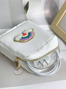 雪尼尔牛津布刺绣彩虹心形收纳袋，可收纳数据线、耳机、充电器、化妆品、旅行口红，适合夏季度假旅行、户外活动数据线收纳旅行必需品