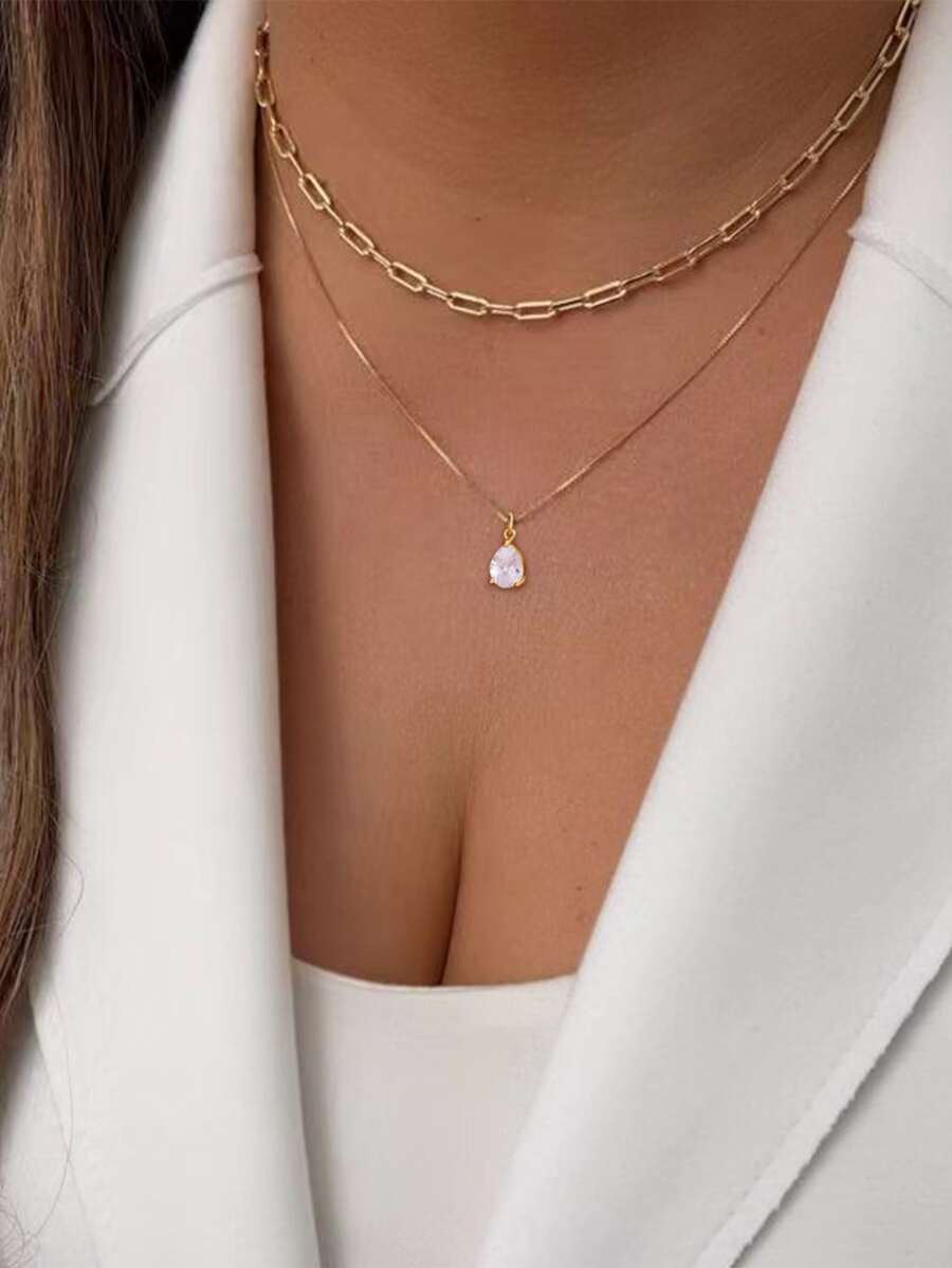 1pc New Design Micro Inlaid Cubic Zirconia Water Drop Shaped Copper Pendant Double Layer Dressy Necklace, Fashionable Collarbone Accessory, Suitable For Women's Daily Wear - Yellow Gold - View 1