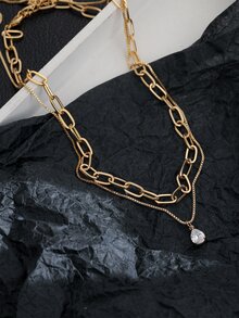 1pc New Design Micro Inlaid Cubic Zirconia Water Drop Shaped Copper Pendant Double Layer Dressy Necklace, Fashionable Collarbone Accessory, Suitable For Women's Daily Wear - Yellow Gold - View 2