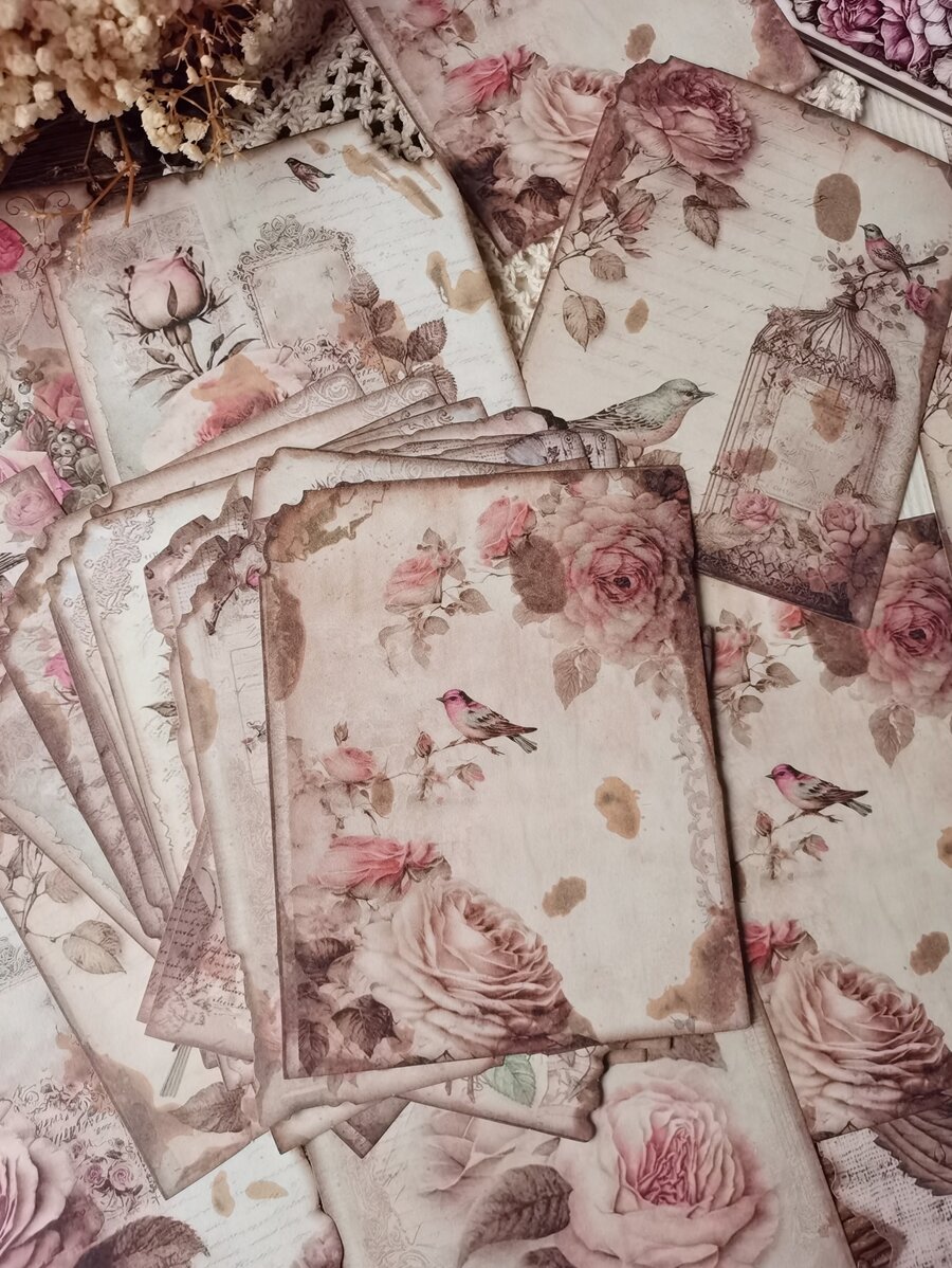 1 gói/30 cái Phong cách Vintage Màu hồng Hoa hồng & Chim Trang trí Làm sổ lưu niệm Giấy - Nhiều màu - Xem 1