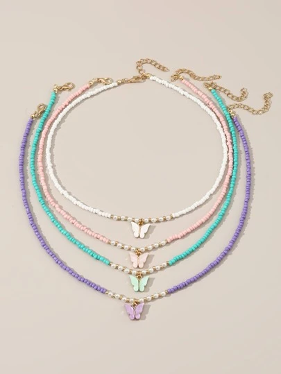 4入組女孩蝴蝶和珠子項鍊,適用於日常裝飾